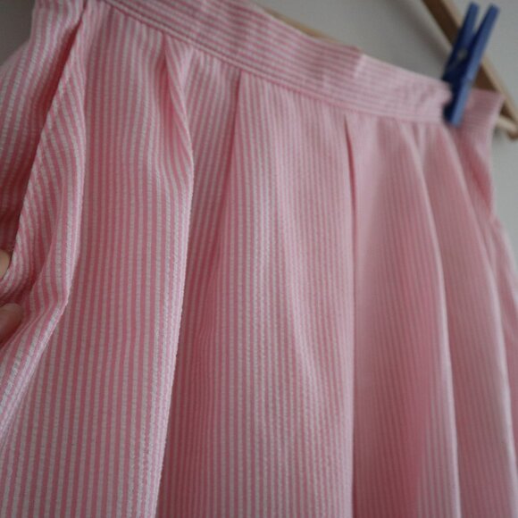 Vintage striped pleated midi skirt, pink, S - seersucker skirt with pockets 50s - Picture 3 of 7